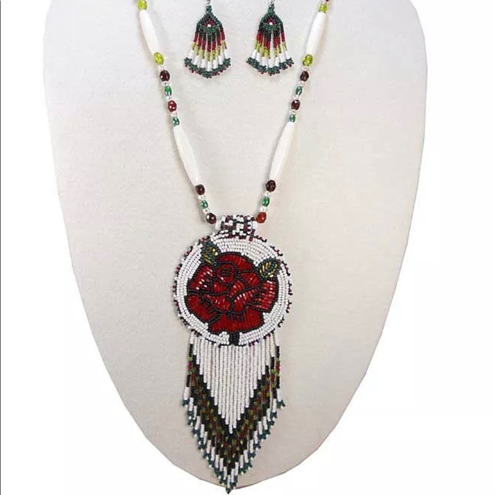 Native Style Beaded Rose Necklace and earrings set